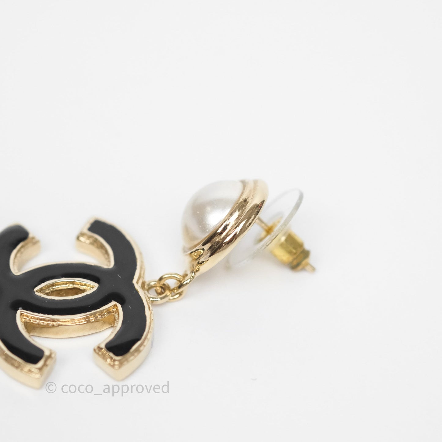 Chanel Round Pearl CC Black Resin Drop Earrings Gold Tone 22A