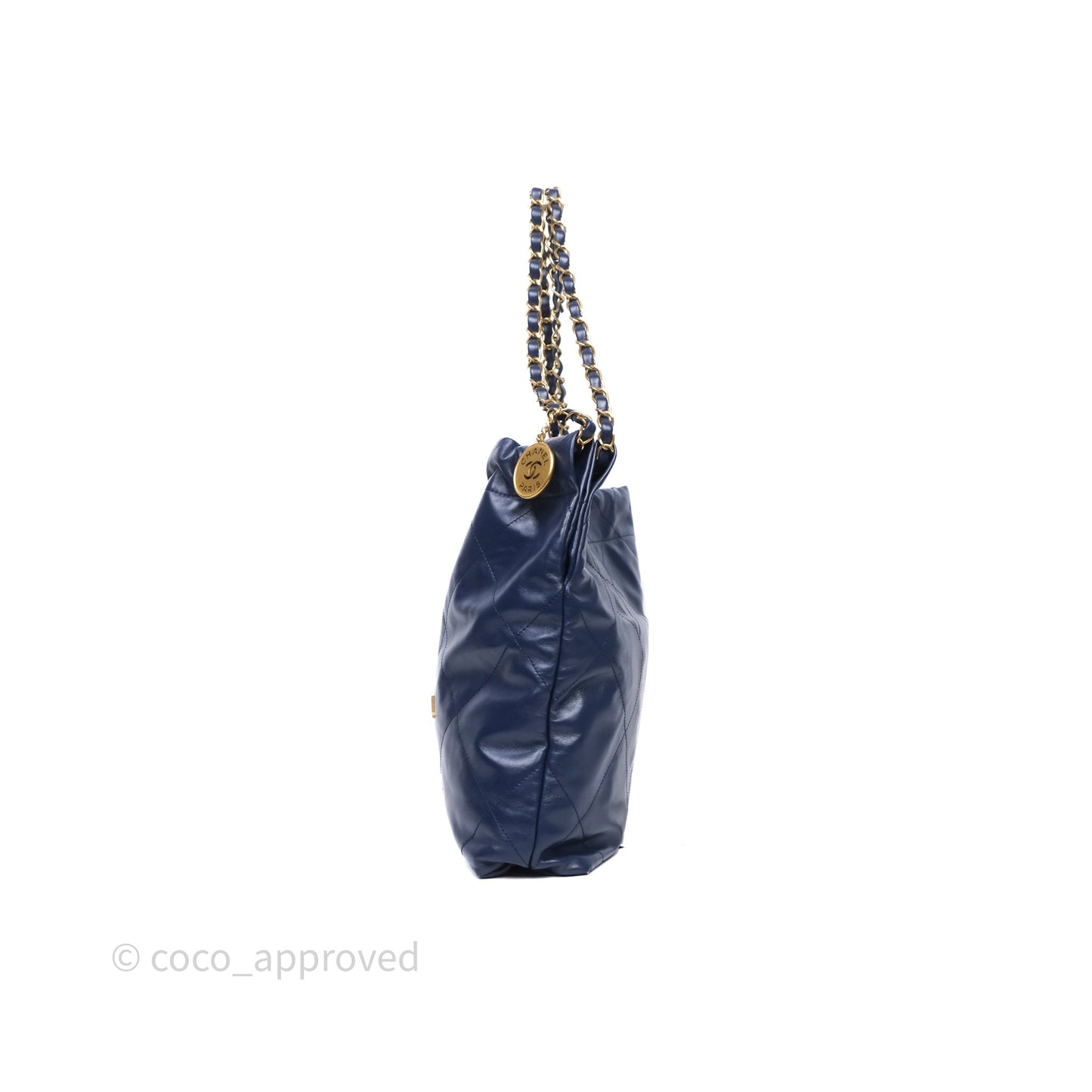 Chanel 22 Small Blue Shiny Calfskin Aged Gold Hardware