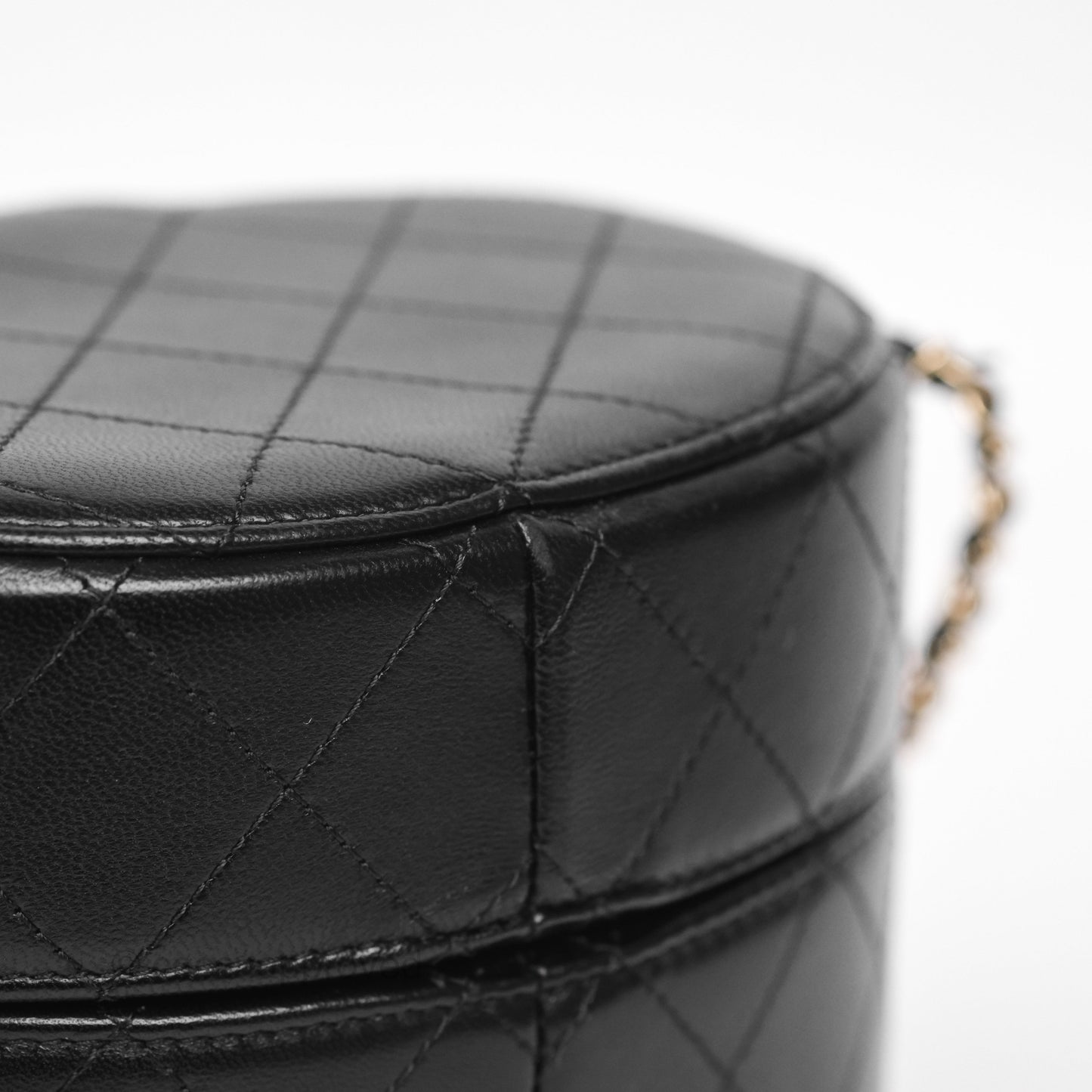 Chanel Quilted Round Vanity Clutch With Chain Black Lambskin Gold Hardware
