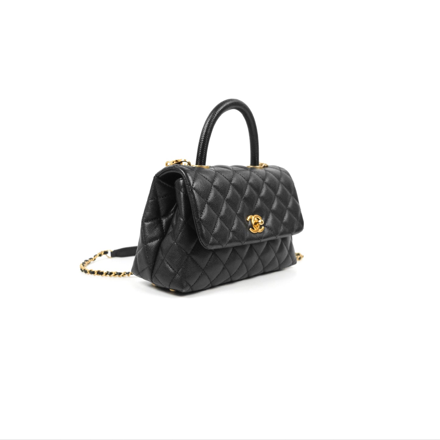 Chanel Small Coco Handle Quilted Black Caviar Aged Gold Hardware Lizard Handle