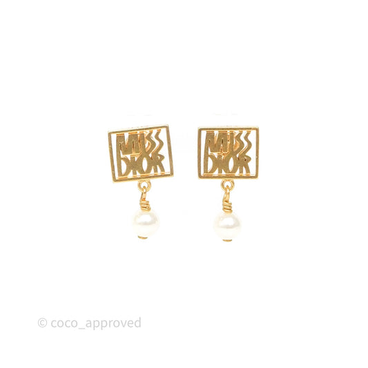 Christian Dior Miss Dior Drop Pearl Earrings Gold Tone
