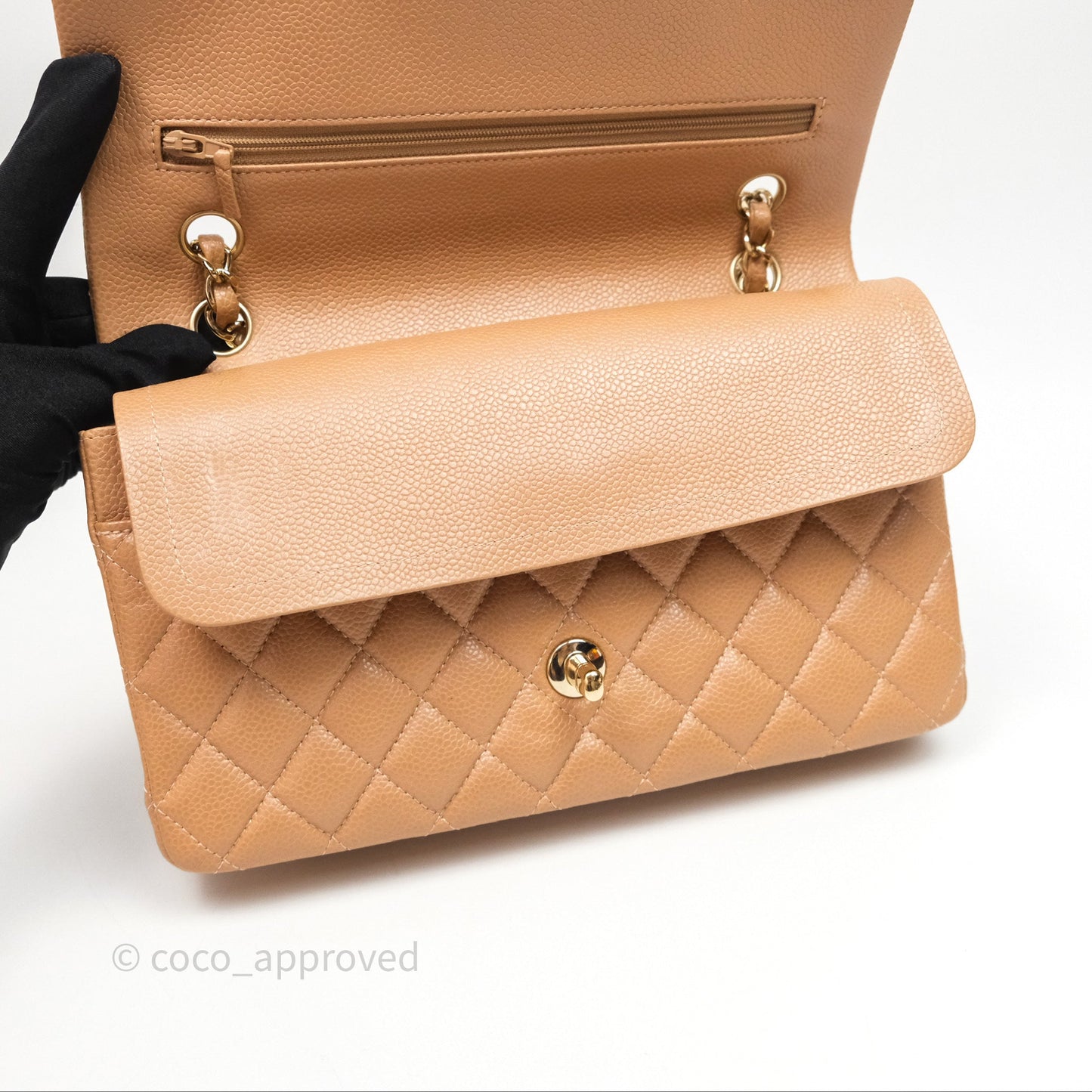 Chanel Classic M/L Medium Flap Quilted Beige Caviar Gold Hardware