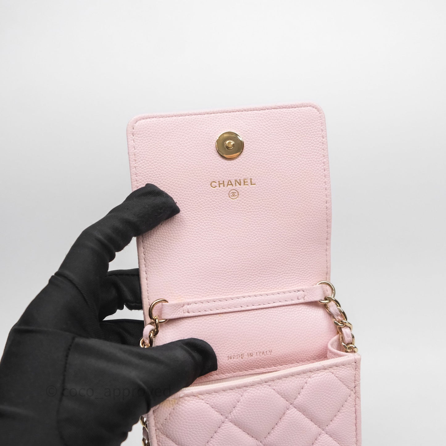 Chanel Quilted Crystal CC Pink Caviar Airpods Phone Case With Chain Light Gold Hardware