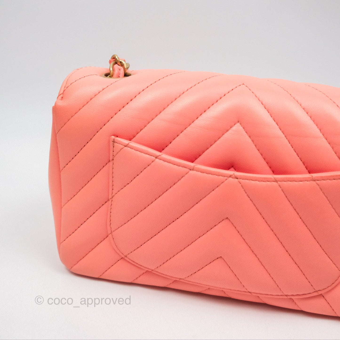 Chanel Chevron Mini Rectangular Flap Peach Pink Lambskin Aged Gold Hardware