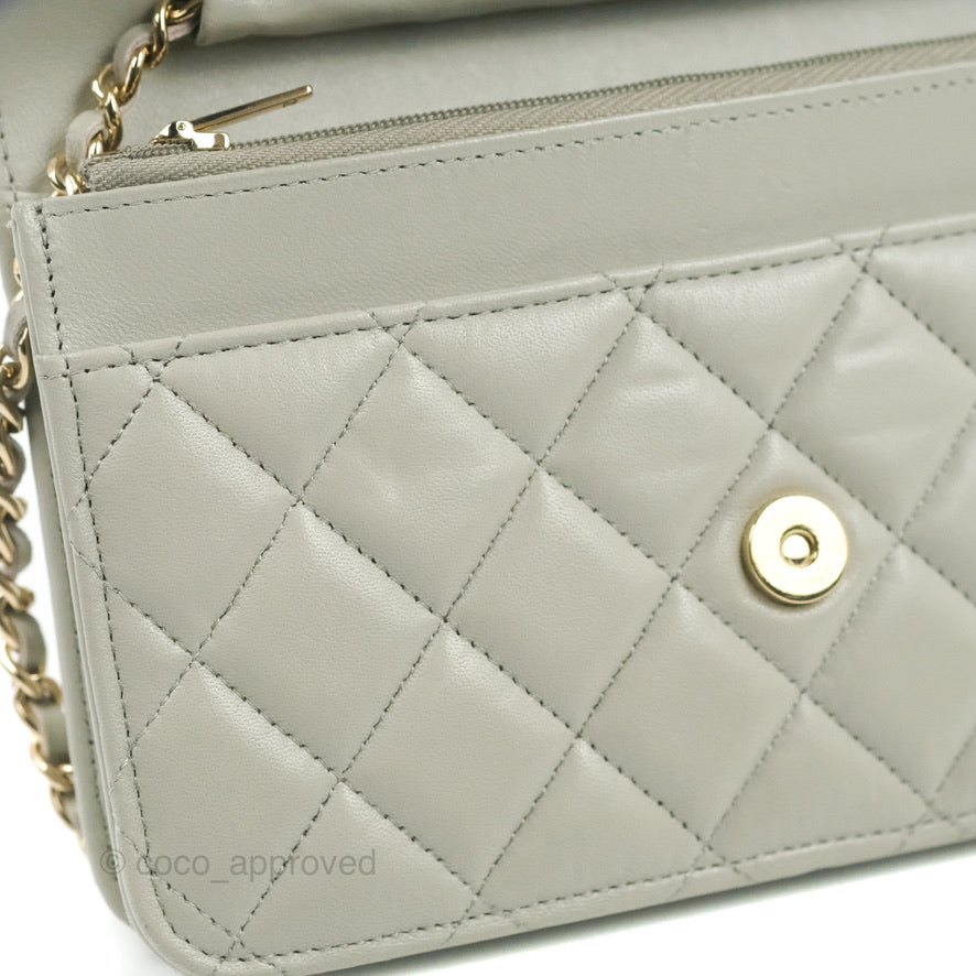 Chanel Quilted Classic Wallet on Chain WOC Light Grey Lambskin Gold Hardware