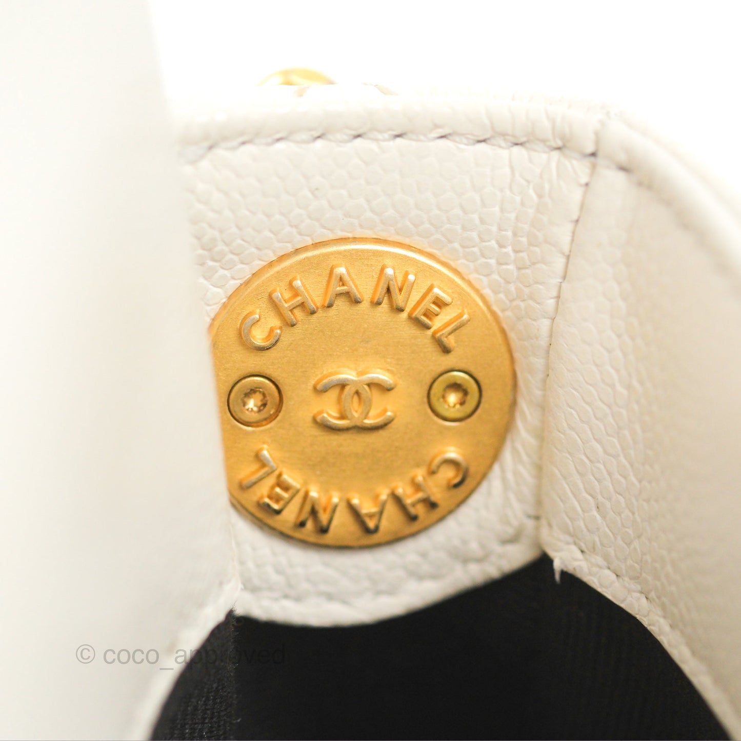 Chanel Mini Flap with Coin Charm White Caviar Aged Gold Hardware 22A