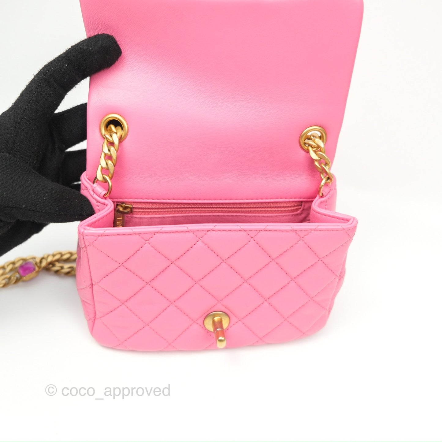 Chanel Mini Pearl Samba Square Flap Pink Lambskin Aged Gold Hardware 21P