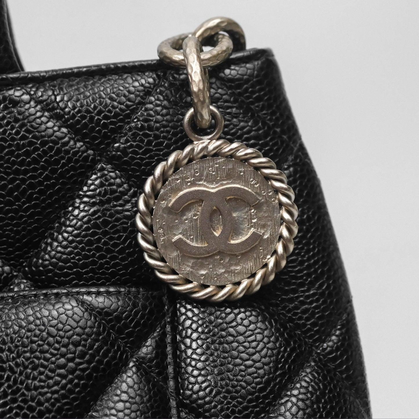 Chanel Vintage Medallion CC Black Caviar Tote Bag Silver Hardware