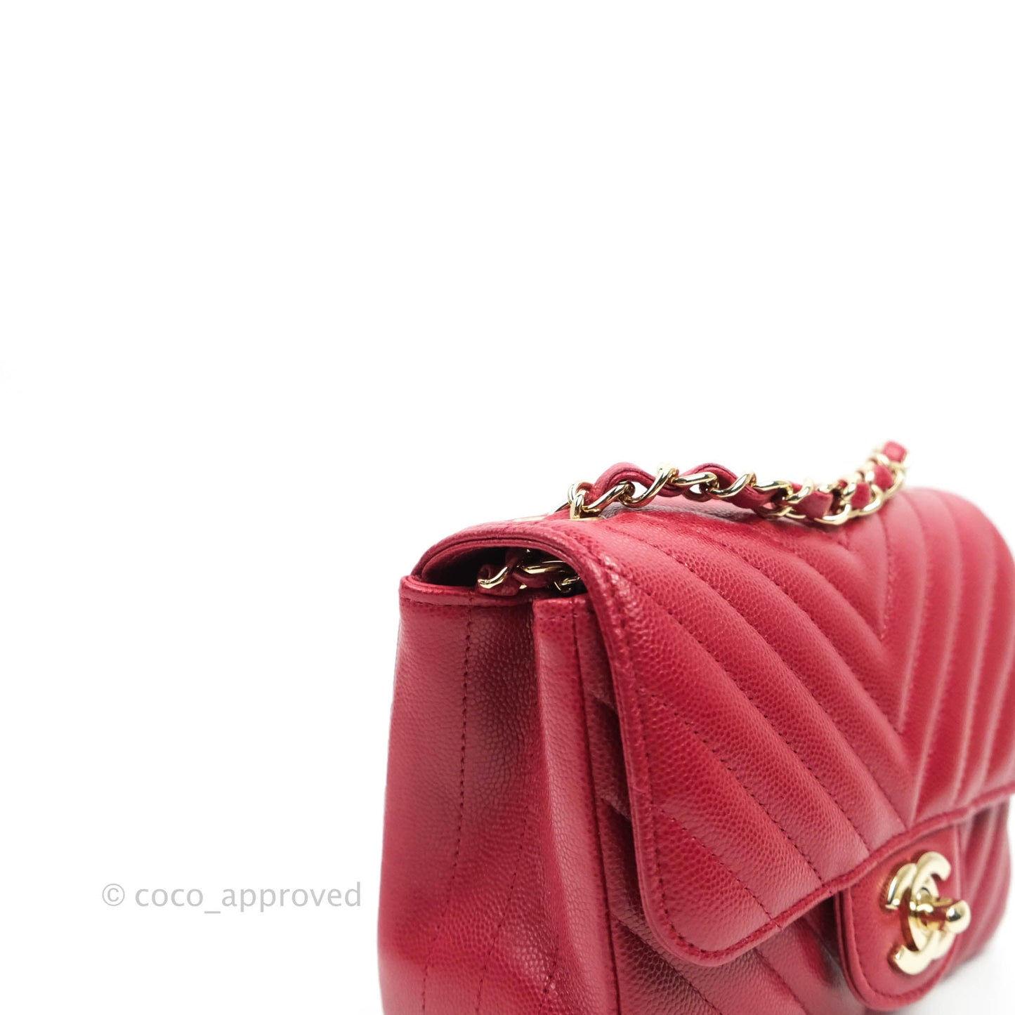 Chanel Mini Square Chevron Rosy Red Caviar Gold Hardware 18B