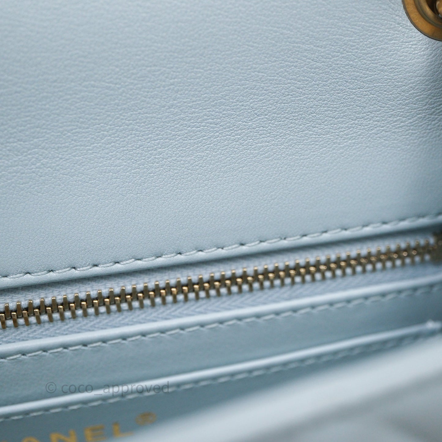 Chanel Pearl Crush Mini Rectangular Light Blue Lambskin Aged Gold Hardware