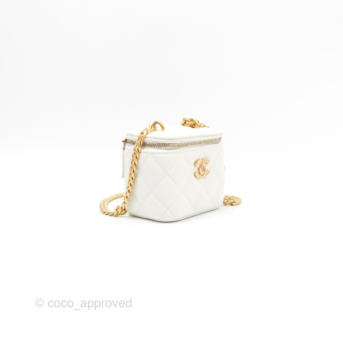 Chanel Quilted Heart Crush Mini Vanity With Chain White Caviar Aged Gold Hardware