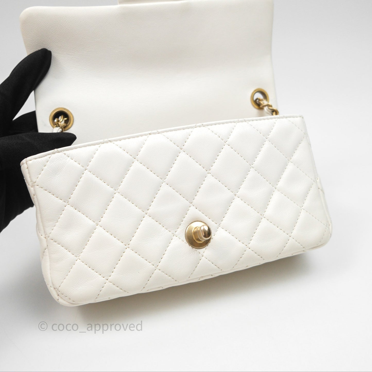 Chanel Mini Rectangular Pearl Crush Quilted White Lambskin Aged Gold Hardware