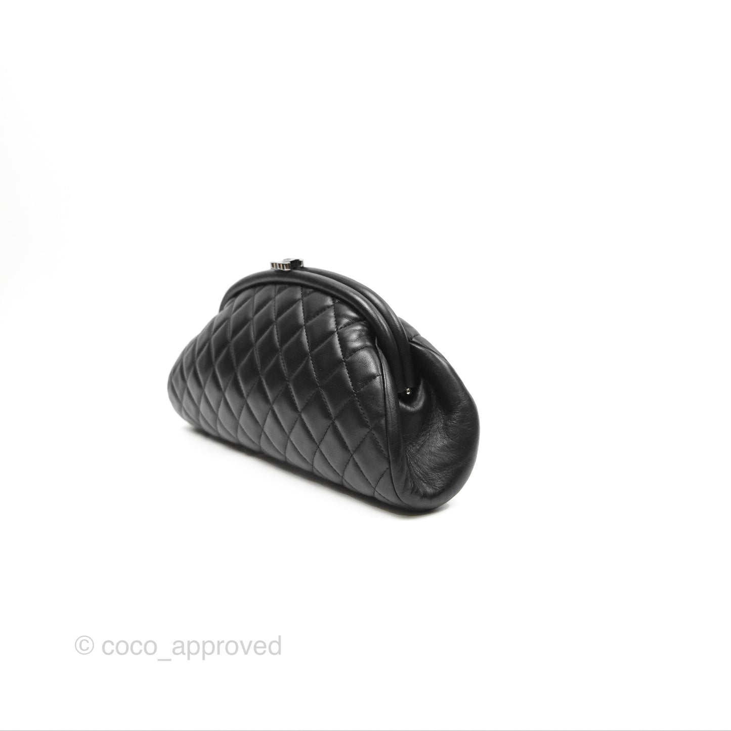 Chanel Quilted Timeless Kisslock Clutch Black Lambskin Silver Hardware