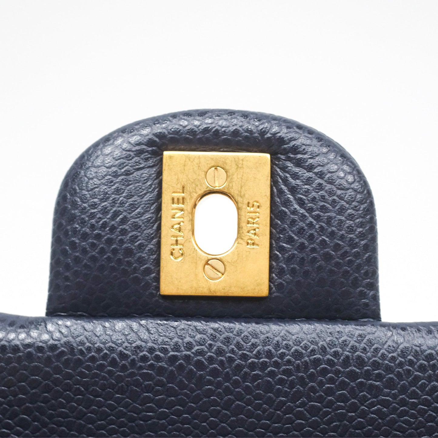 Chanel Classic M/L Medium Flap Quilted French Navy Caviar Aged Gold Hardware