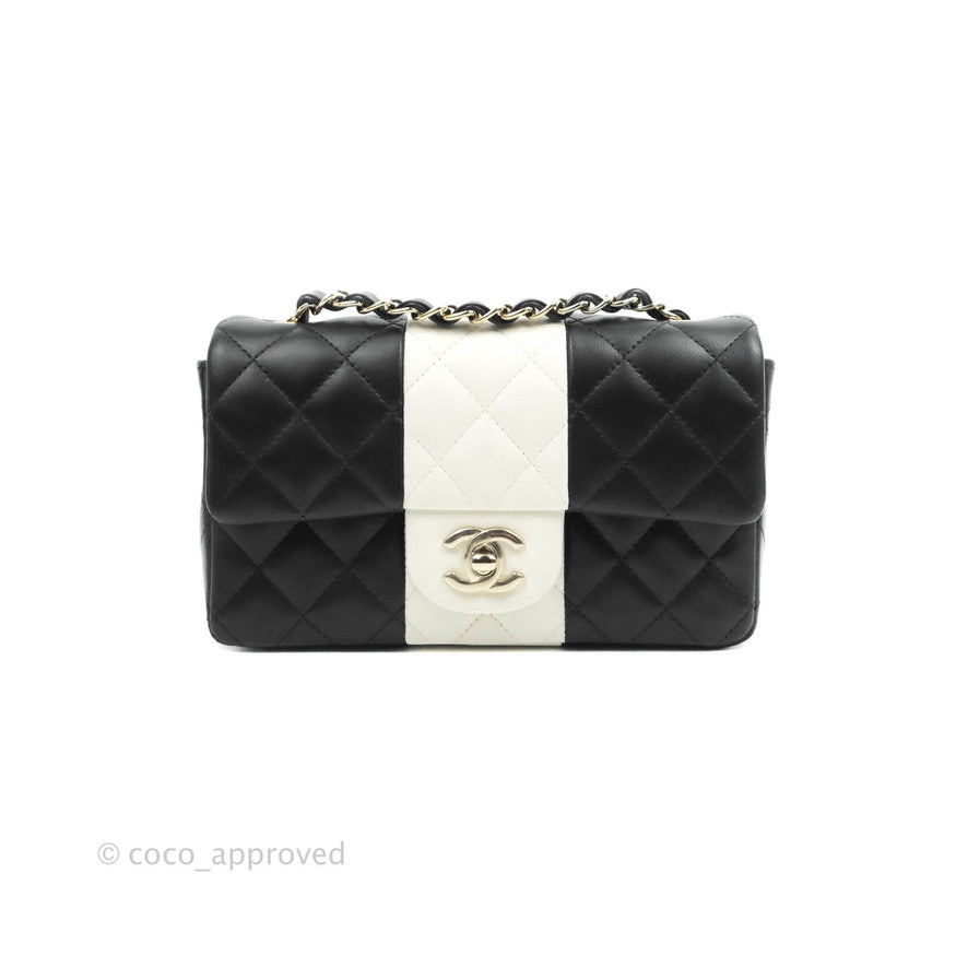 Chanel Quilted Mini Rectangular Flap Black White Lambskin Gold Hardware
