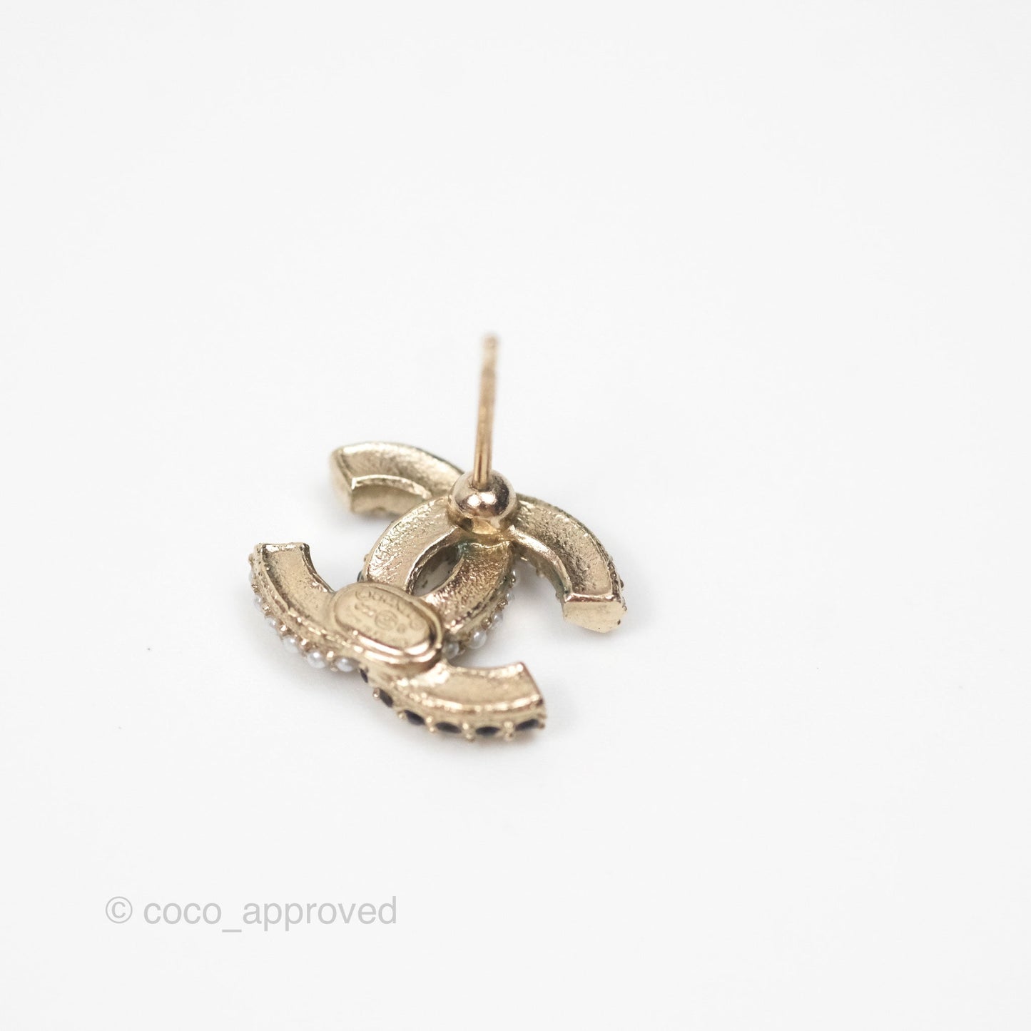 Chanel Pearl Black Crystal CC Earrings Gold Tone 22B