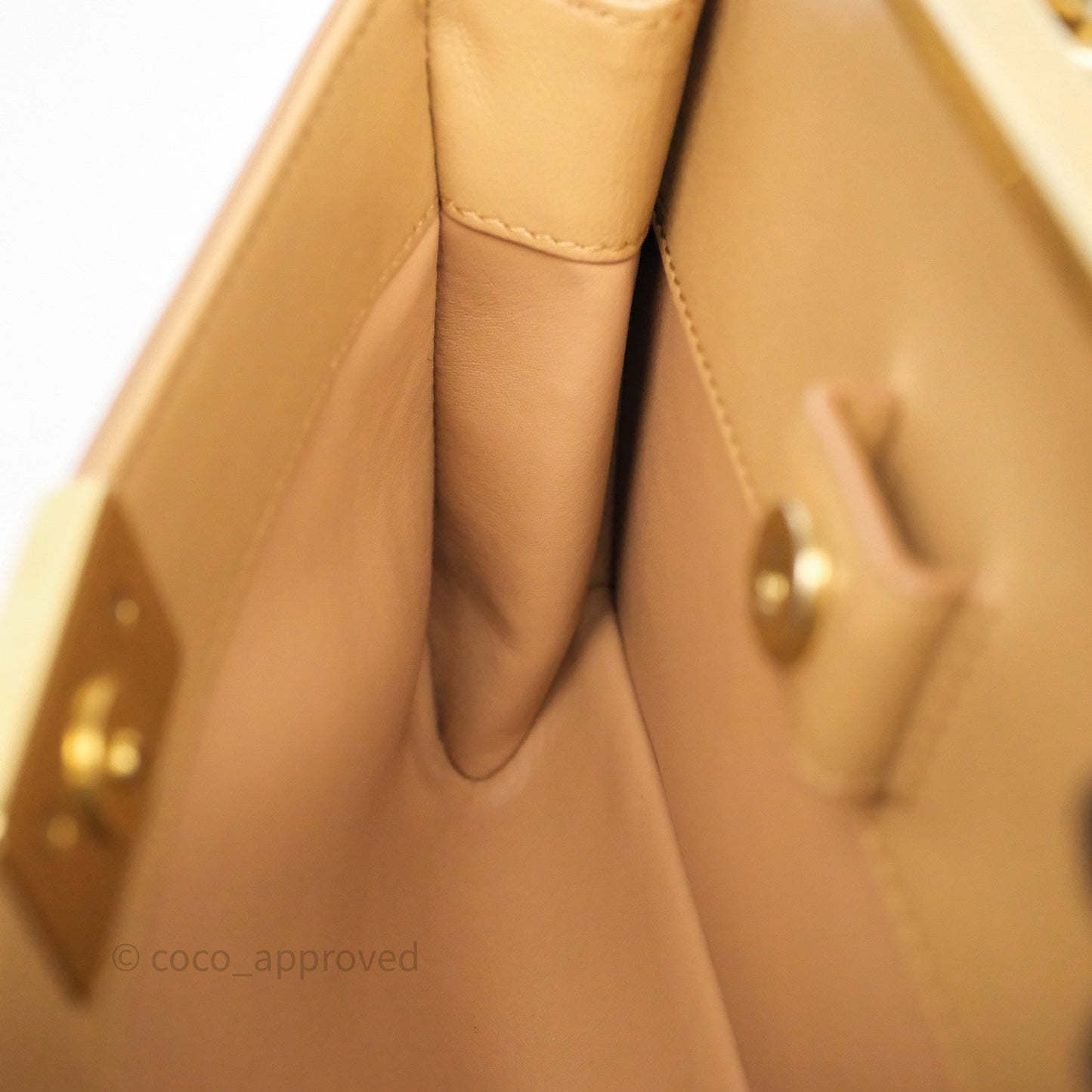 Chanel Small Coco Luxe Flap Bag Caramel Beige Calfskin Aged Gold Hardware