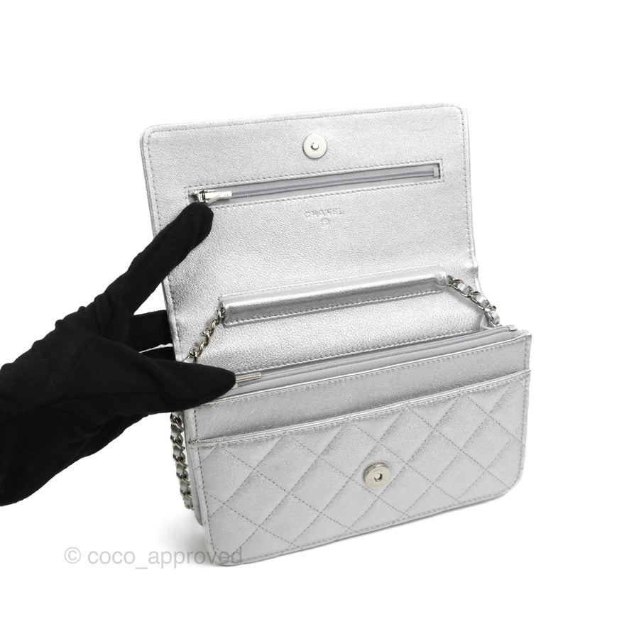 Chanel Quilted Wallet on Chain WOC Silver Lambskin Silver Hardware