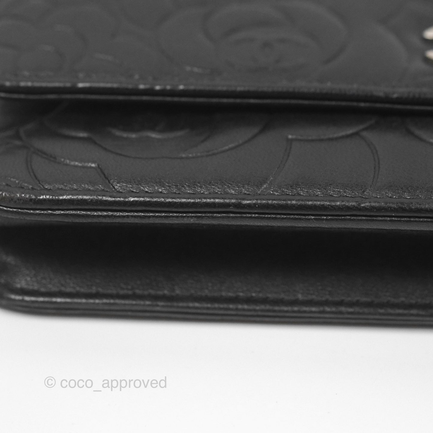 Chanel Camellia Embossed Wallet on Chain WOC Black Lambskin Silver Hardware