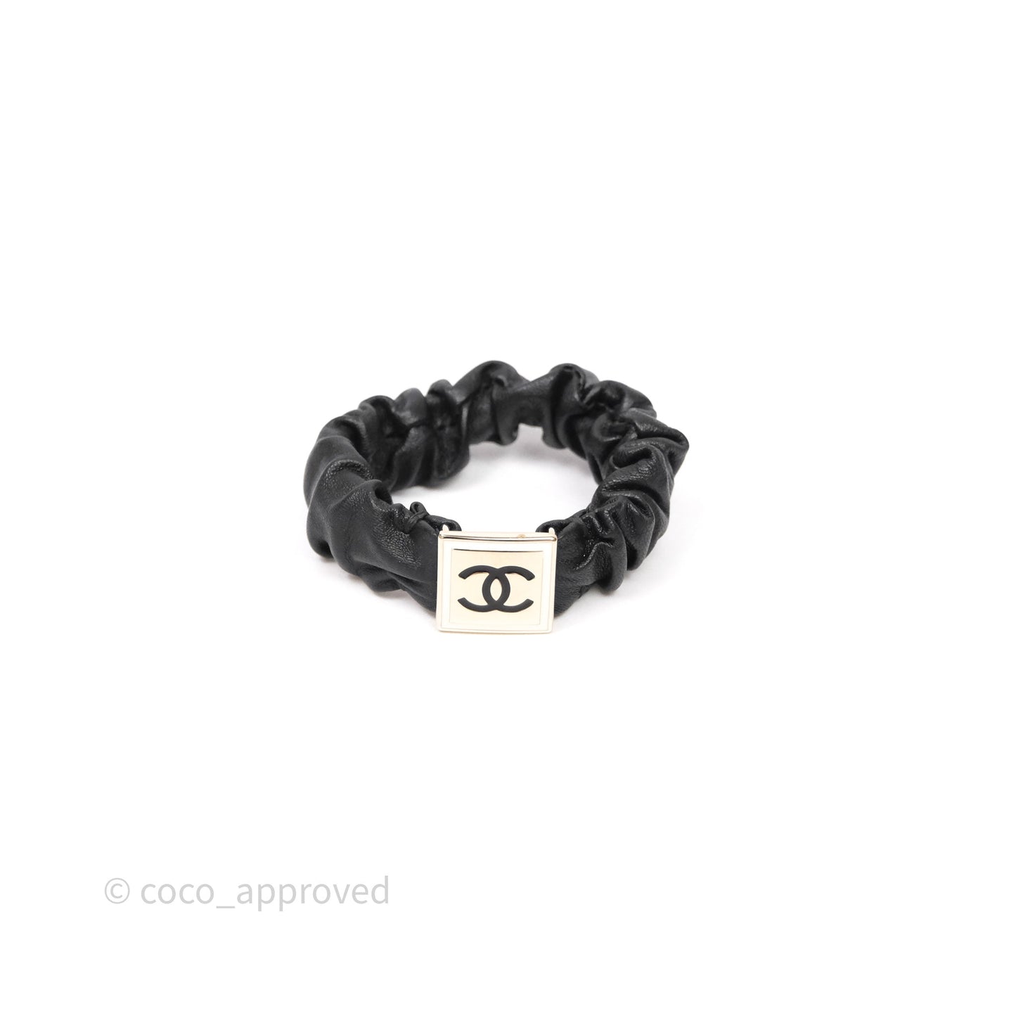 Chanel CC Black Leather Square Hair Accessory Gold Tone 21B