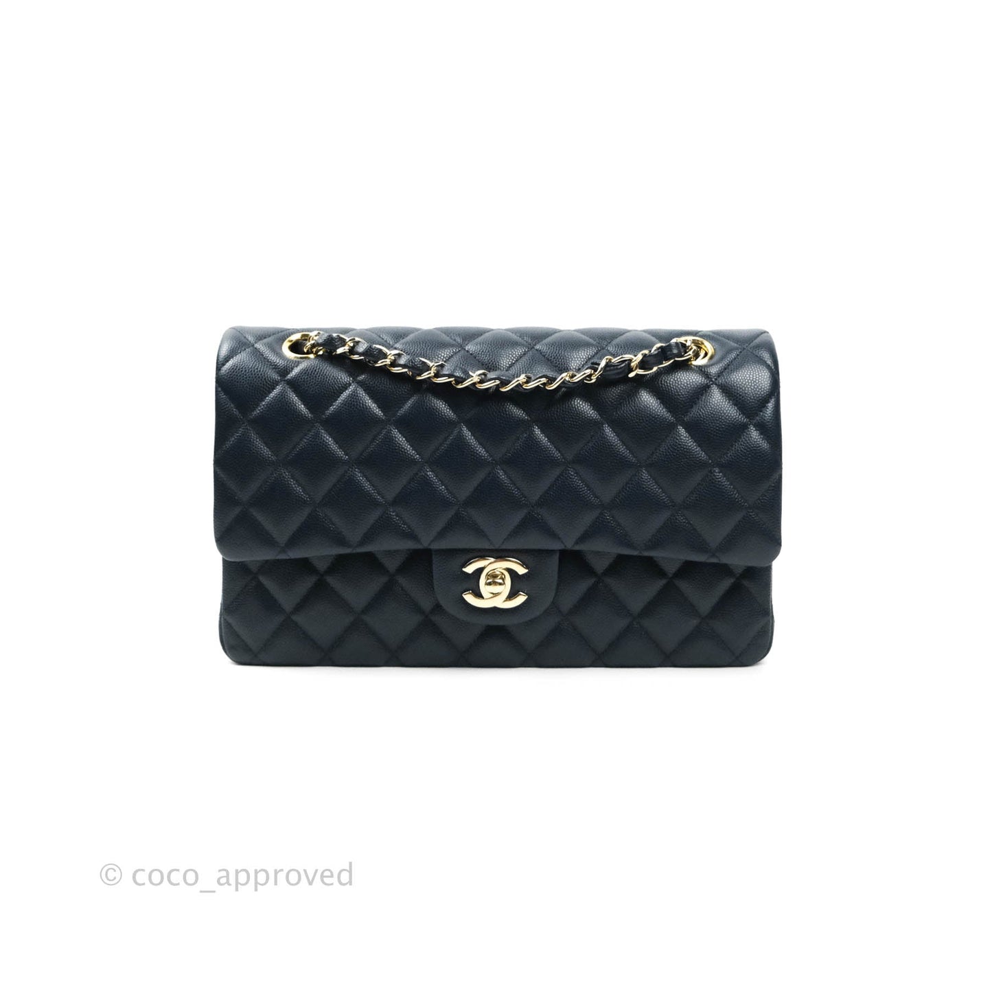 Chanel Quilted M/L Medium Double Flap Navy Caviar Gold Hardware