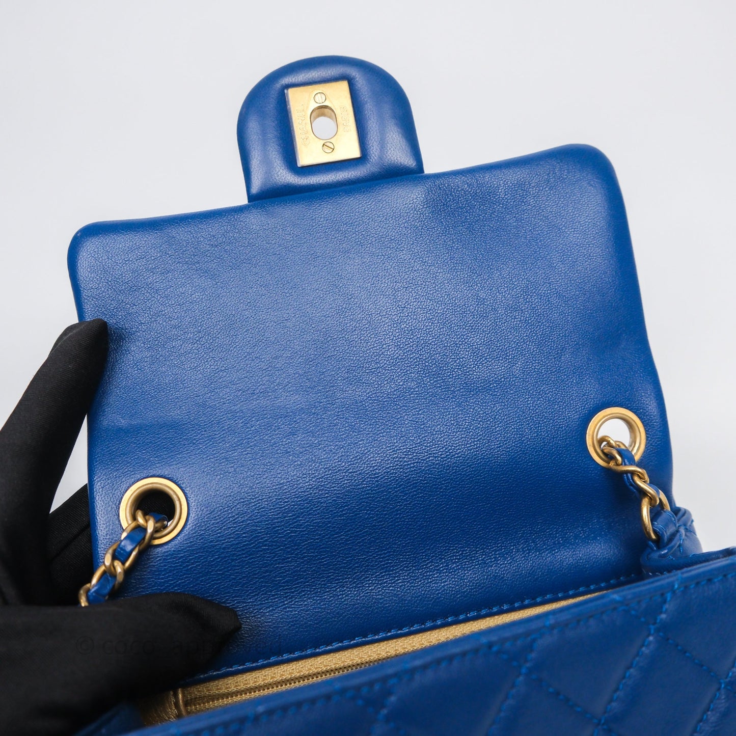 Chanel Pearl Crush Mini Square Quilted Blue Lambskin Aged Gold Hardware