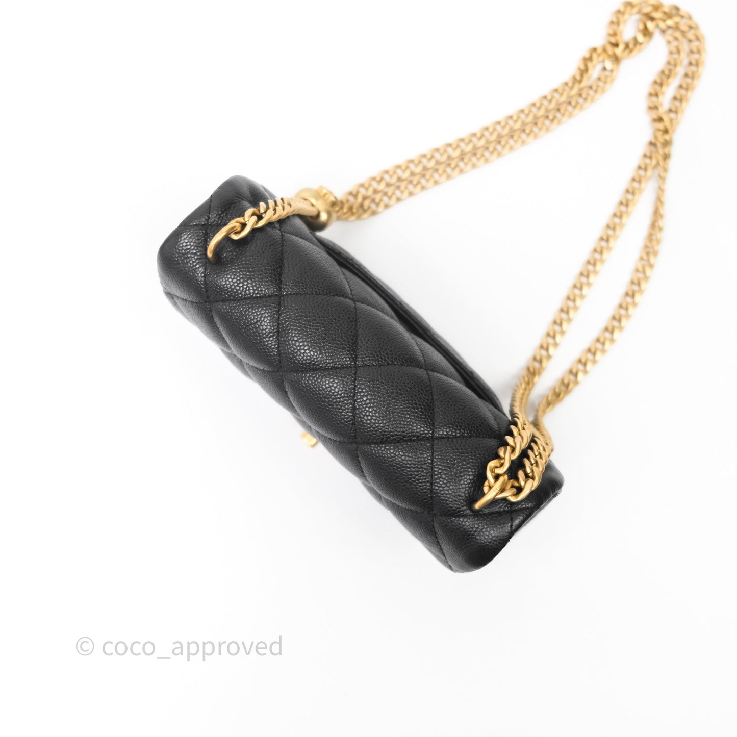 Chanel Mini Flap Bag Heart Adjustable Chain Black Caviar Aged Gold Hardware