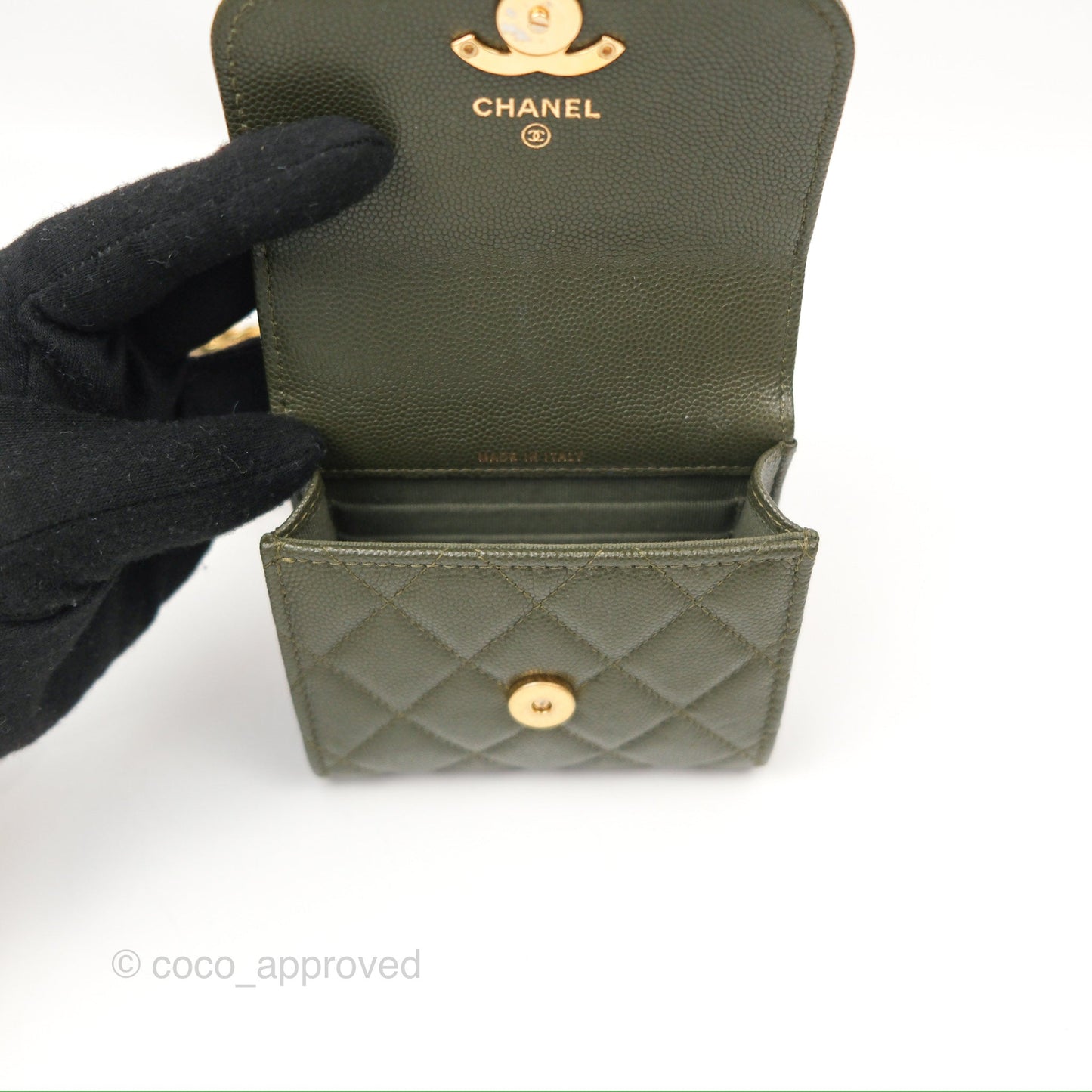 Chanel Coco First Mini Clutch On Chain Dark Olive Green Caviar Gold Hardware 22K
