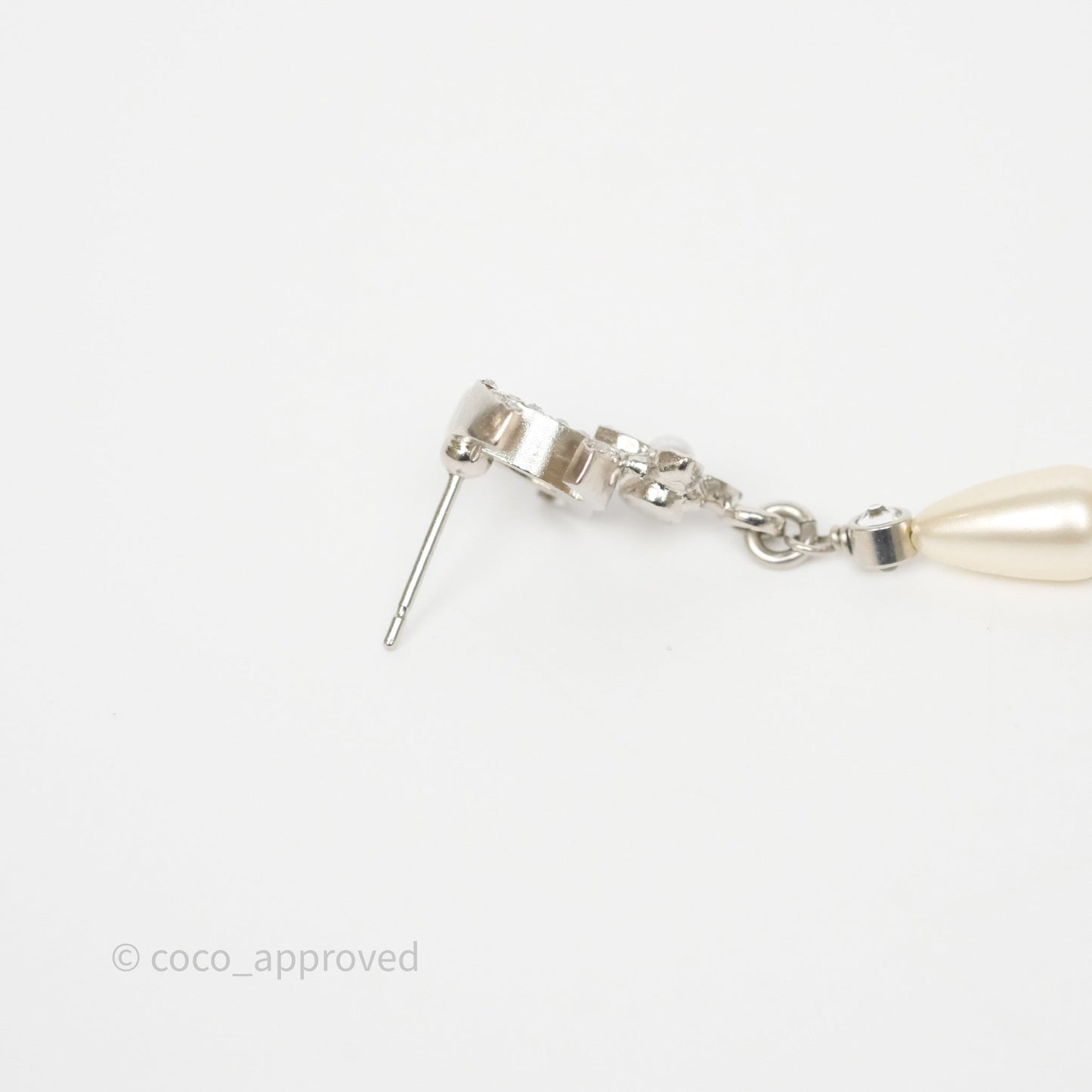 Chanel Crystals CC Tear Pearl Drop Earrings Silver Tone 22P