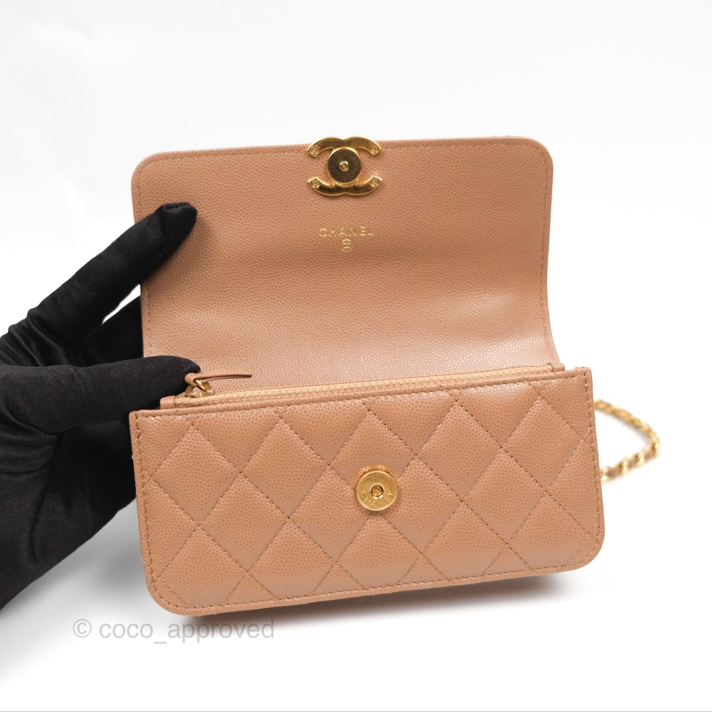 Chanel Coco First Phone Holder Dark Beige Caviar Gold Hardware 22K