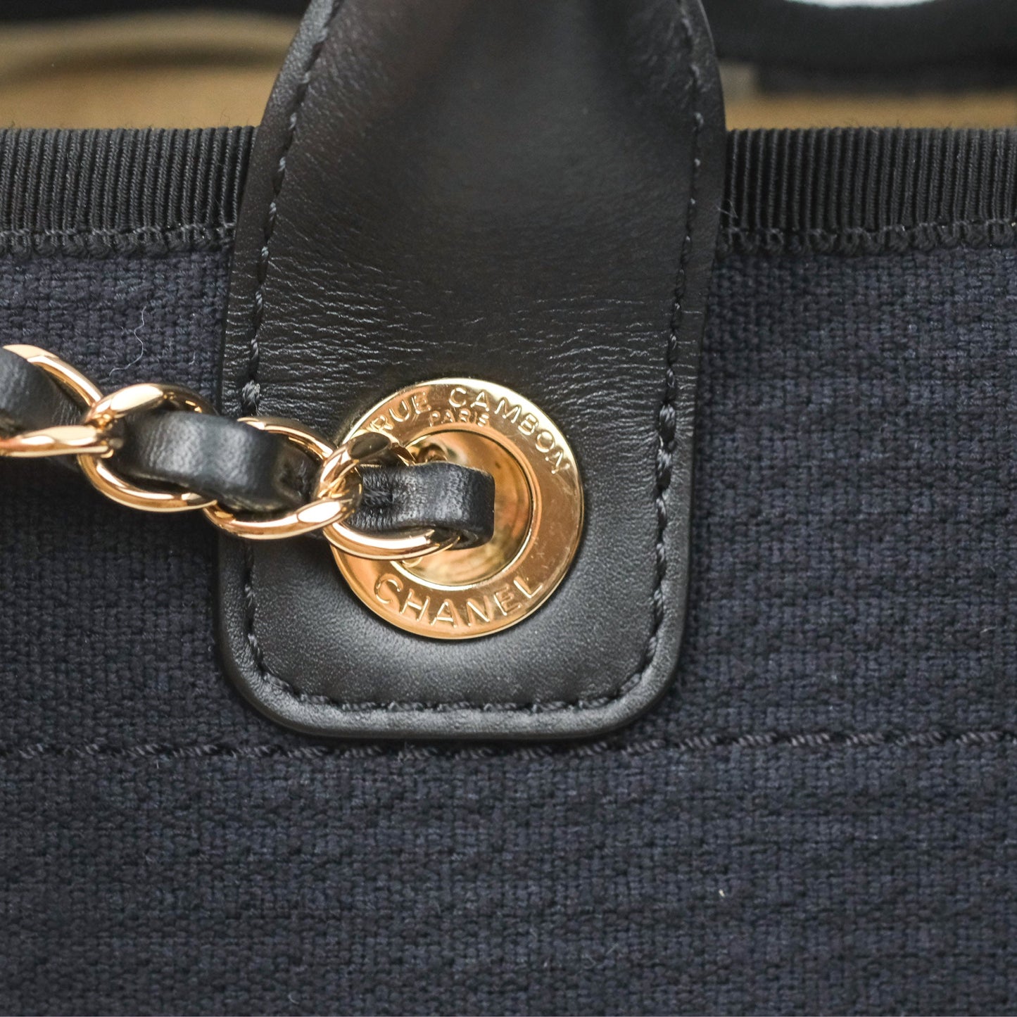 Chanel New Small Deauville Tote Dark Navy Cotton Raffia Logo