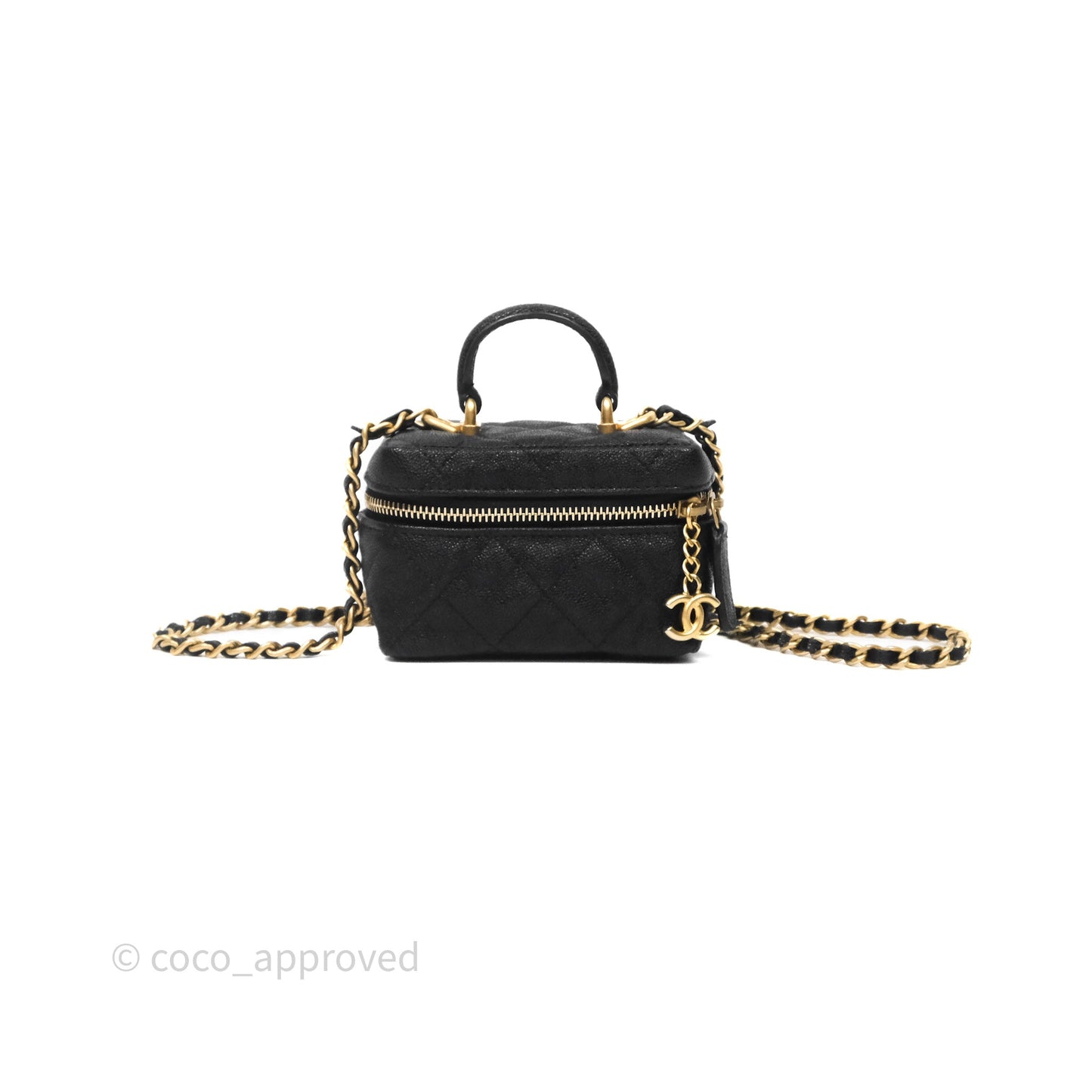 Chanel Quilted Mini Top Handle Vanity With Chain Black Caviar Aged Gold Hardware