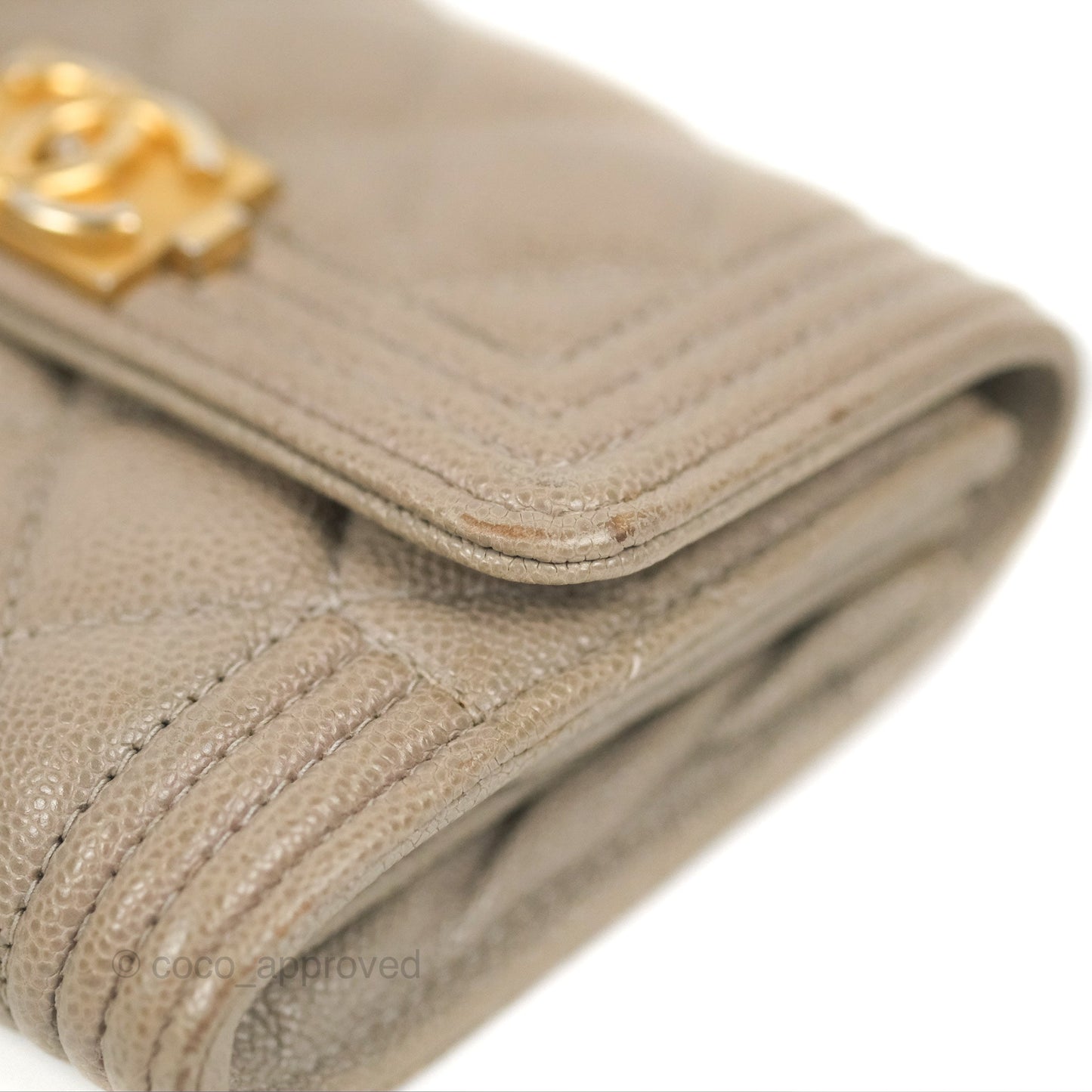 Chanel Quilted Boy Flap Card Holder Taupe Grey Caviar Aged Gold Hardware