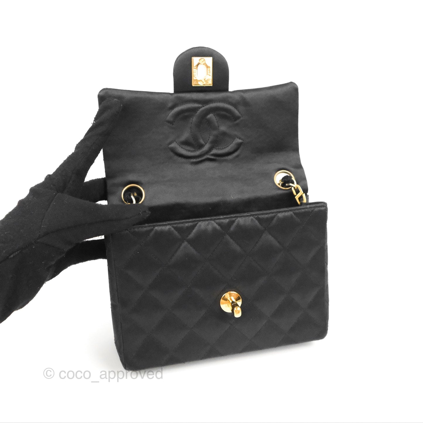 Chanel Mini Square Black Satin Gold Hardware