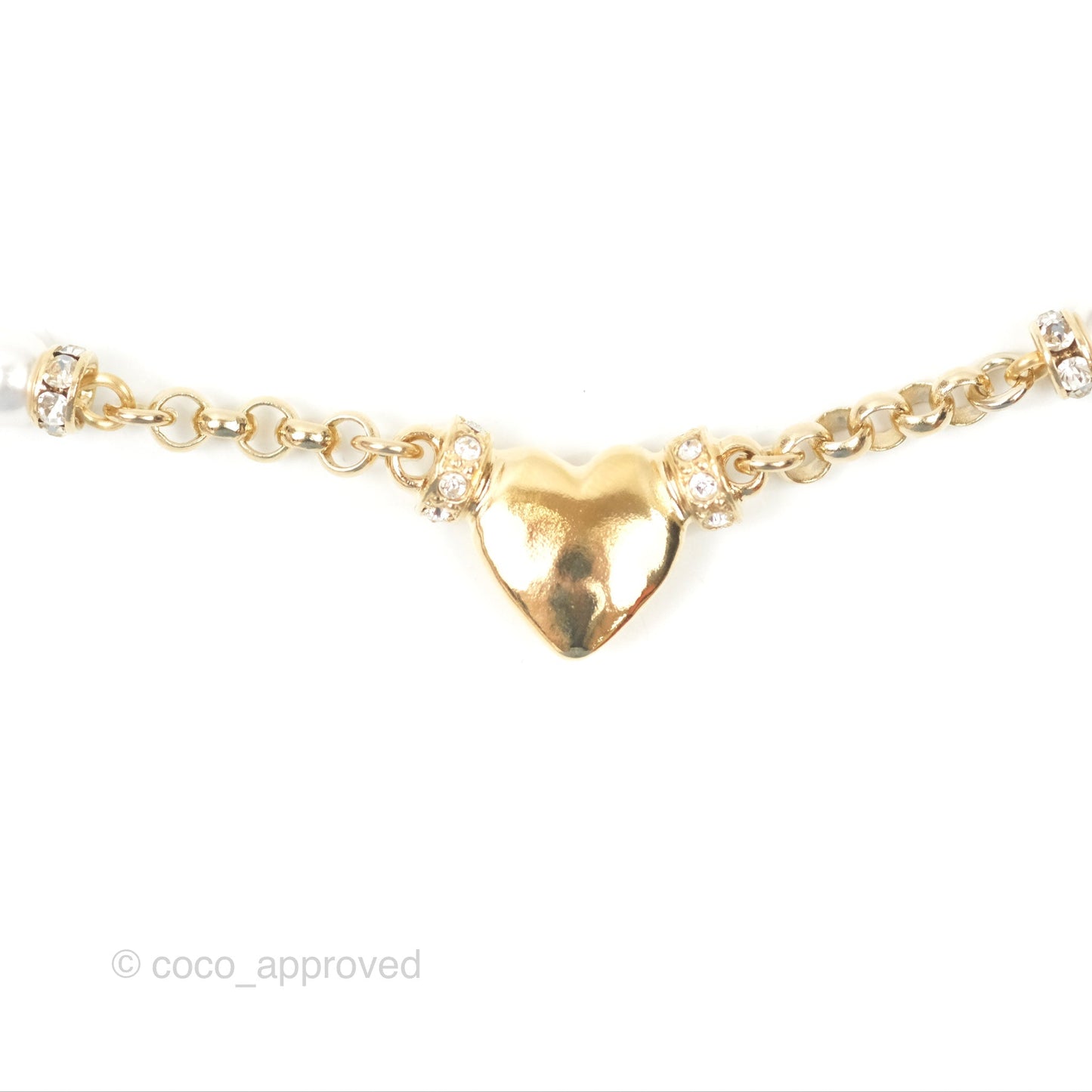 Chanel Crystal Pearl Heart CC Necklace Gold Tone 24P