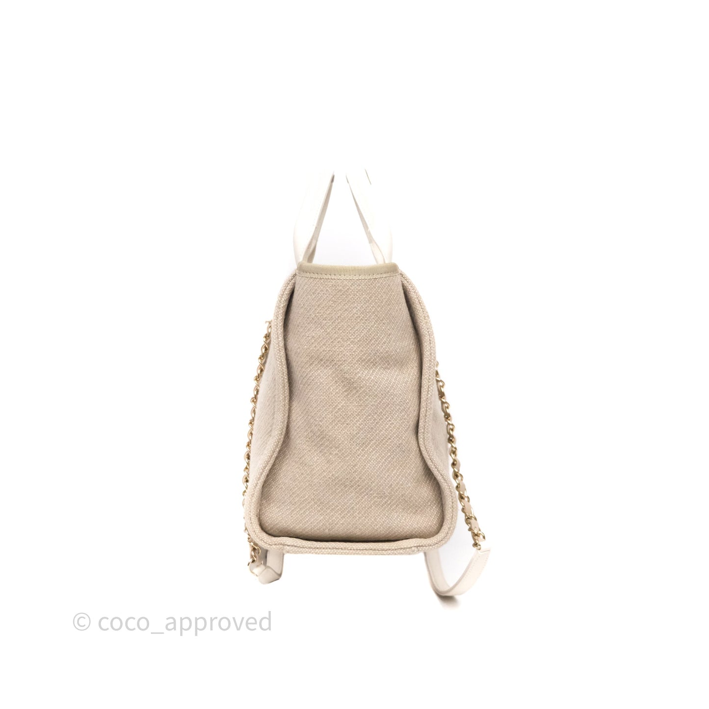 Chanel New Small Deauville Tote Beige Canvas Gold Hardware
