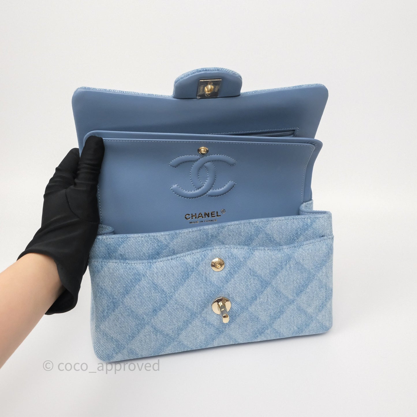 Chanel Quilted Small Double Flap Blue Printed Denim Gold Hardware