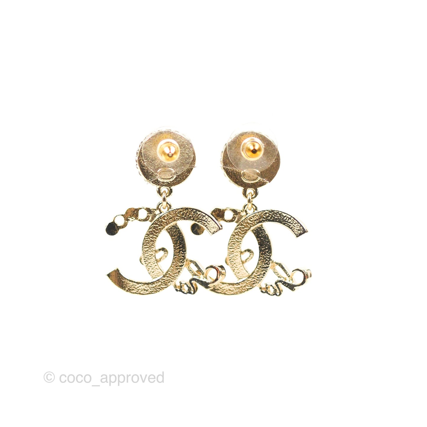 Chanel CC Coco Pearl Drop Earrings Gold Tone 22P