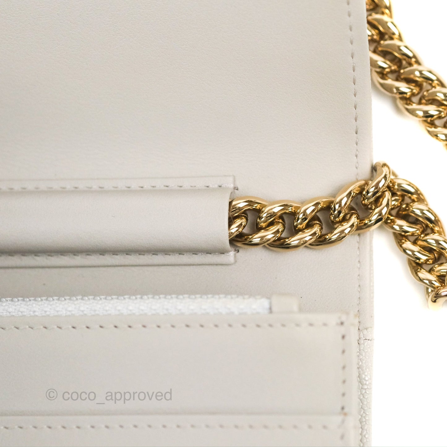 Chanel Quilted Boy Wallet on Chain WOC Light Grey Caviar Gold Hardware