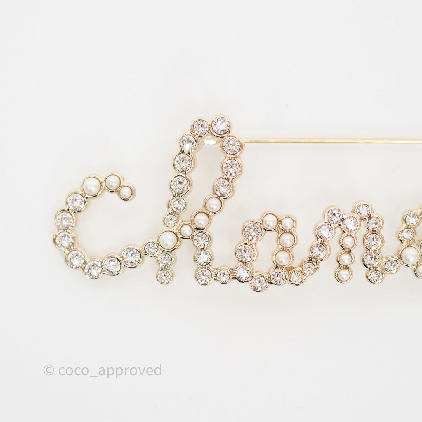 Chanel Logo Pearl Crystal Brooch Gold Tone 20V