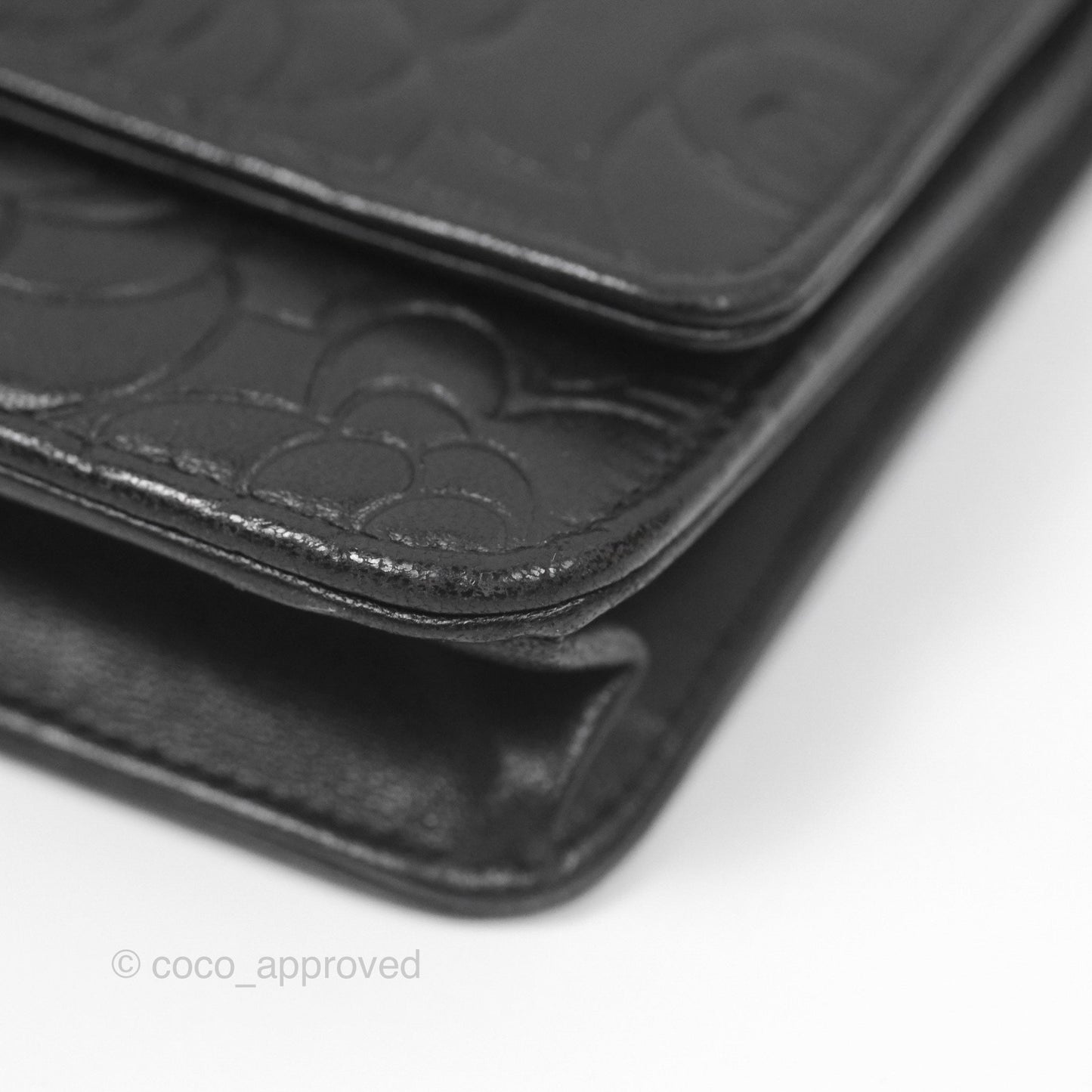 Chanel Camellia Embossed Wallet on Chain WOC Black Lambskin Silver Hardware