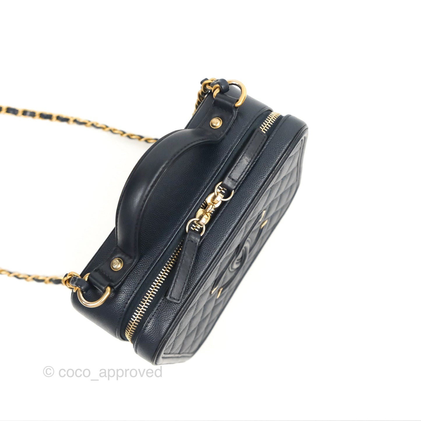 Chanel Quilted Medium CC Filigree Vanity Case Dark Navy Caviar Gold Hardware