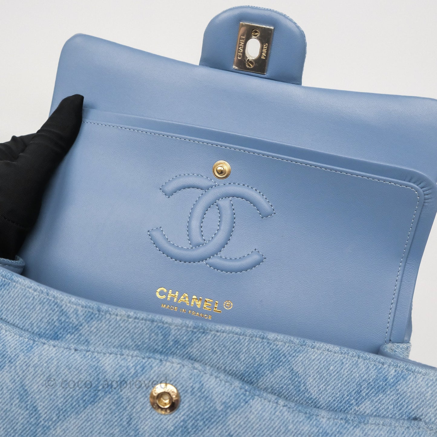 Chanel Quilted Small Double Flap Blue Printed Denim Gold Hardware