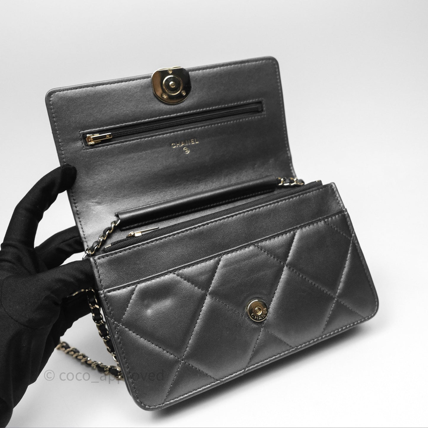 Chanel Wallet On Chain WOC Iridescent Dark Grey Lambskin Gold Hardware