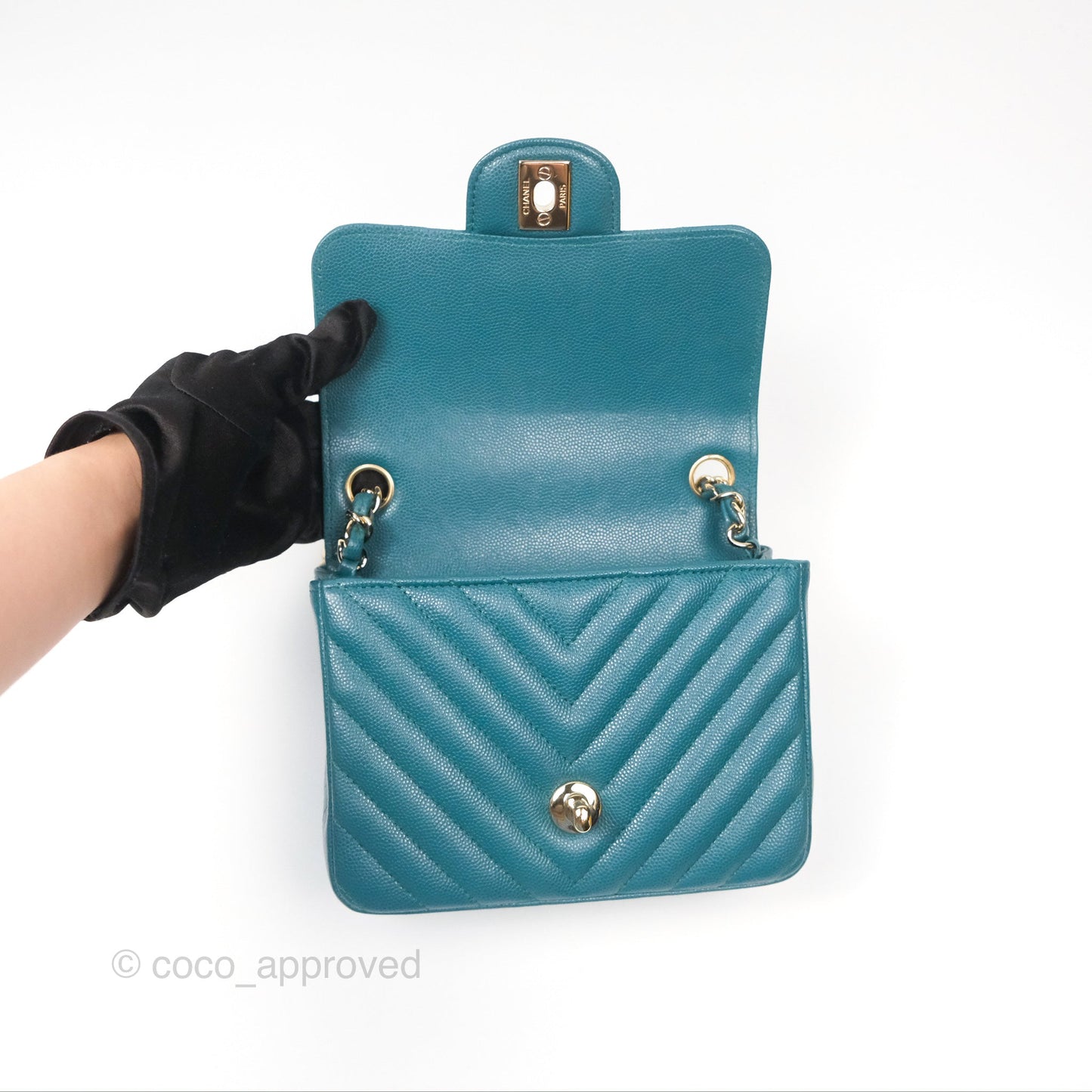Chanel Mini Square Flap Chevron Teal Caviar Gold Hardware
