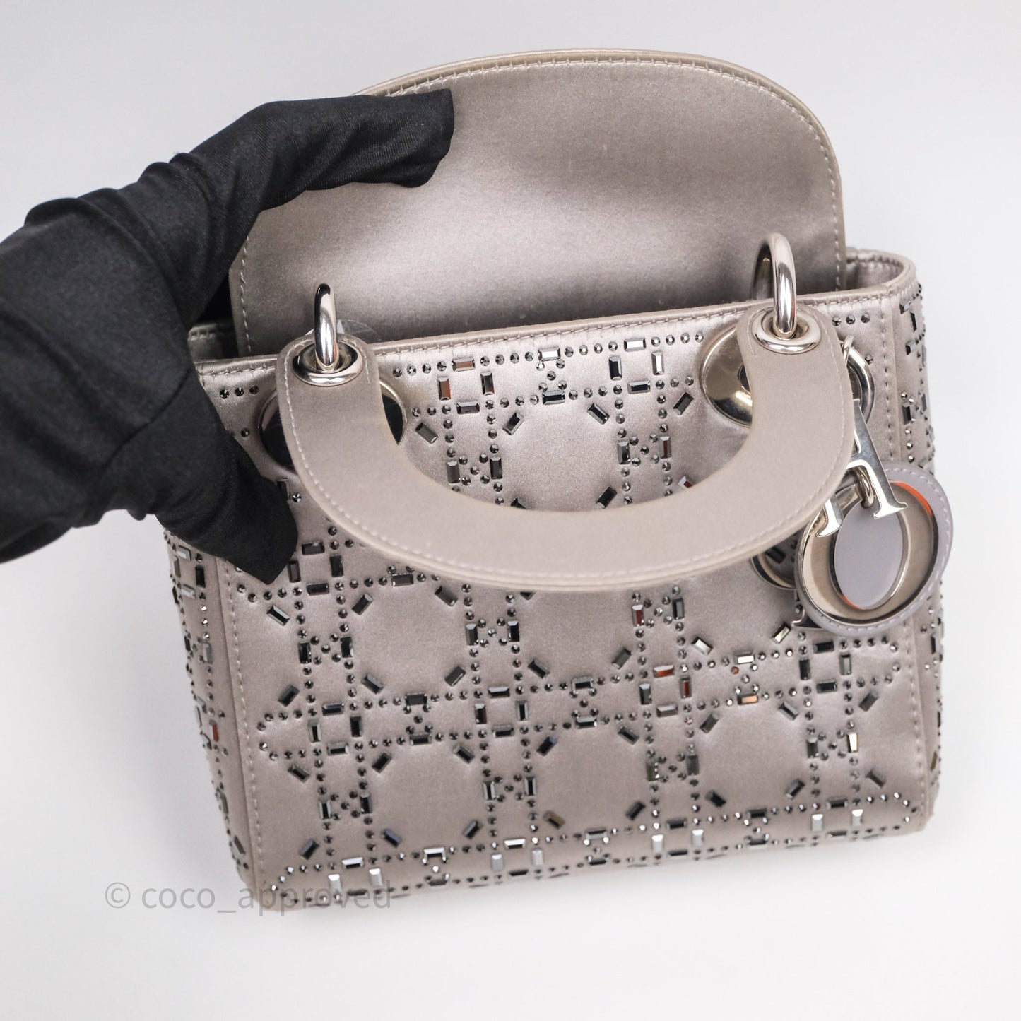Christian Dior Mini Lady Dior Bag Grey Strass Cannage Satin Silver Hardware