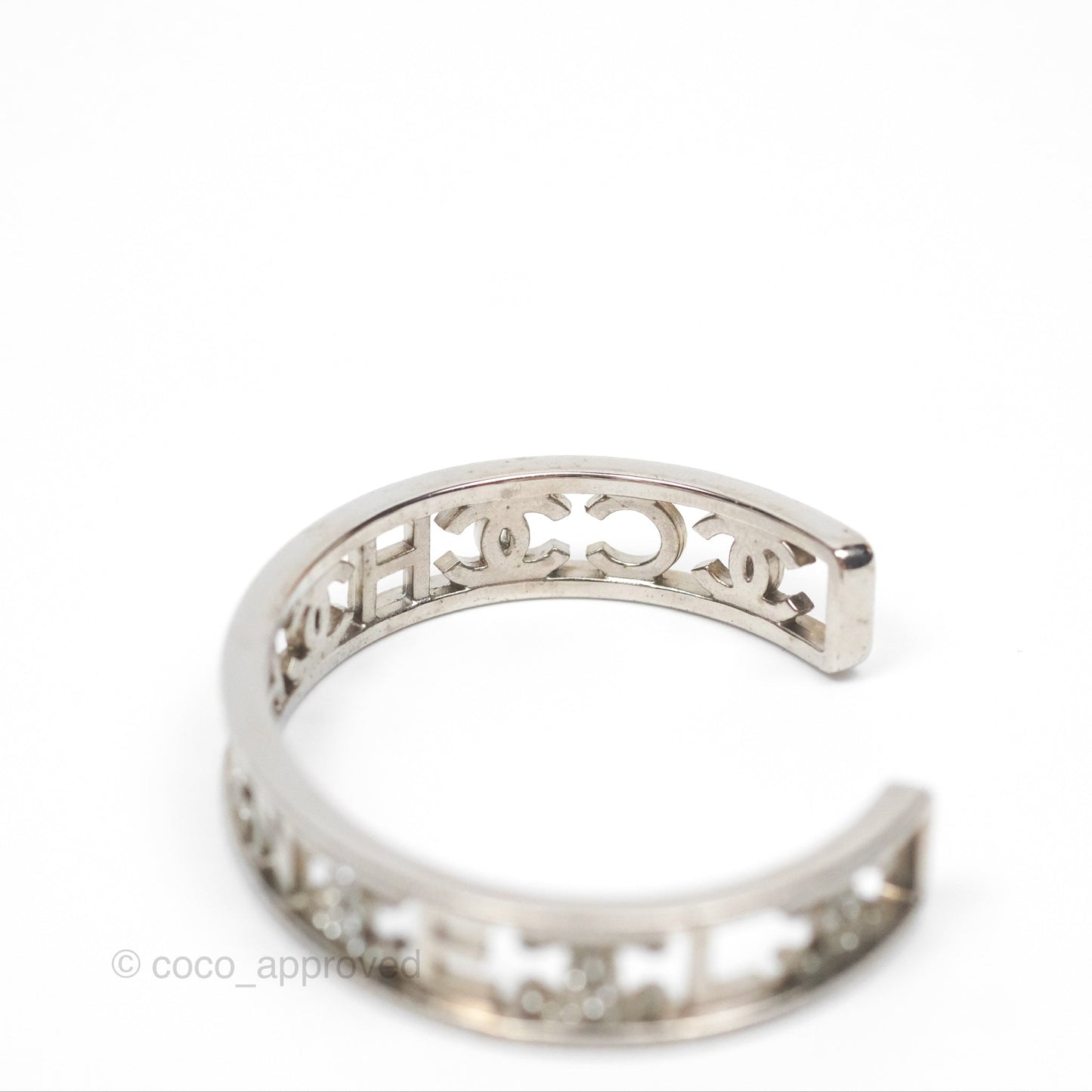 Chanel Logo CC Crystals Bangle Silver Tone 22A