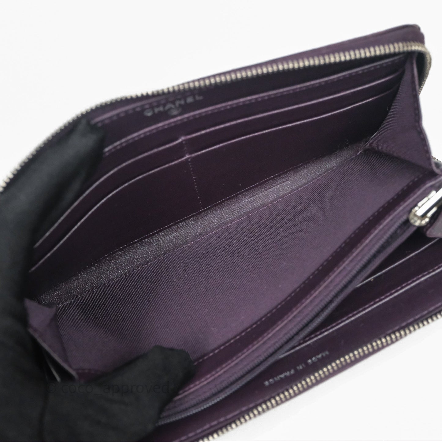 Chanel Classic Zipped Long Wallet Dark Purple Lambskin Silver Hardware