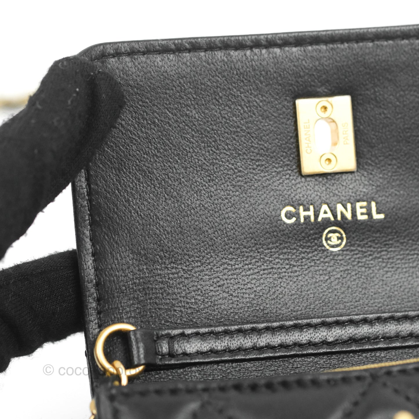 Chanel Pearl Crush Mini Clutch With Chain Black Lambskin Aged Gold Hardware