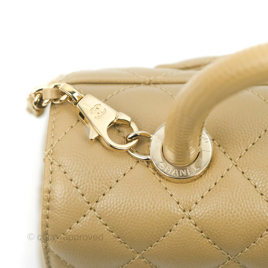 Chanel Small Coco Handle Quilted Dark Beige Caviar Gold Hardware Lizard Handle